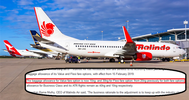 【旅游情报】Malindo Air ：包括在票价内的托运行李不再是25kg !