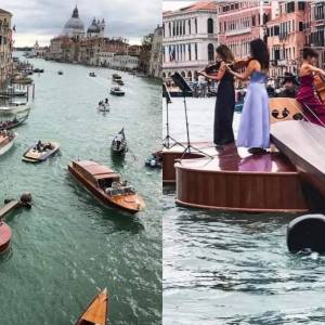 威尼斯运河惊现巨型小提琴，上面站着赤脚音乐家…新冠时期的“诺亚方舟”！