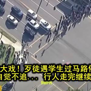 美国追车大戏！歹徒遇学生过马路停车让行，警方自觉不追... 行人走完继续追？？