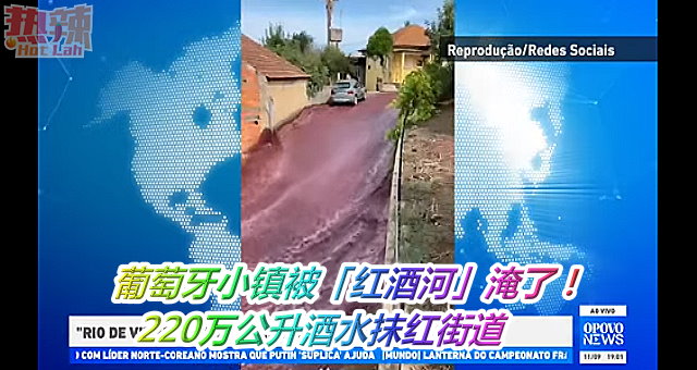 葡萄牙小镇被「红酒河」淹了！　220万公升酒水抹红街道