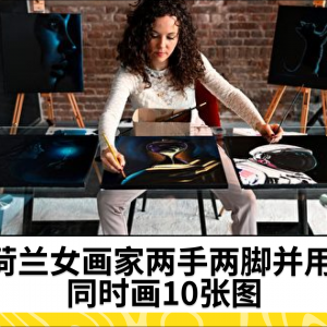 荷兰女画家两手两脚并用 同时画10张图