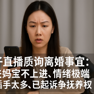女子直播质询离婚事宜：丈夫妈宝不上进，情绪极端，婆家插手太多，已起诉争抚养权