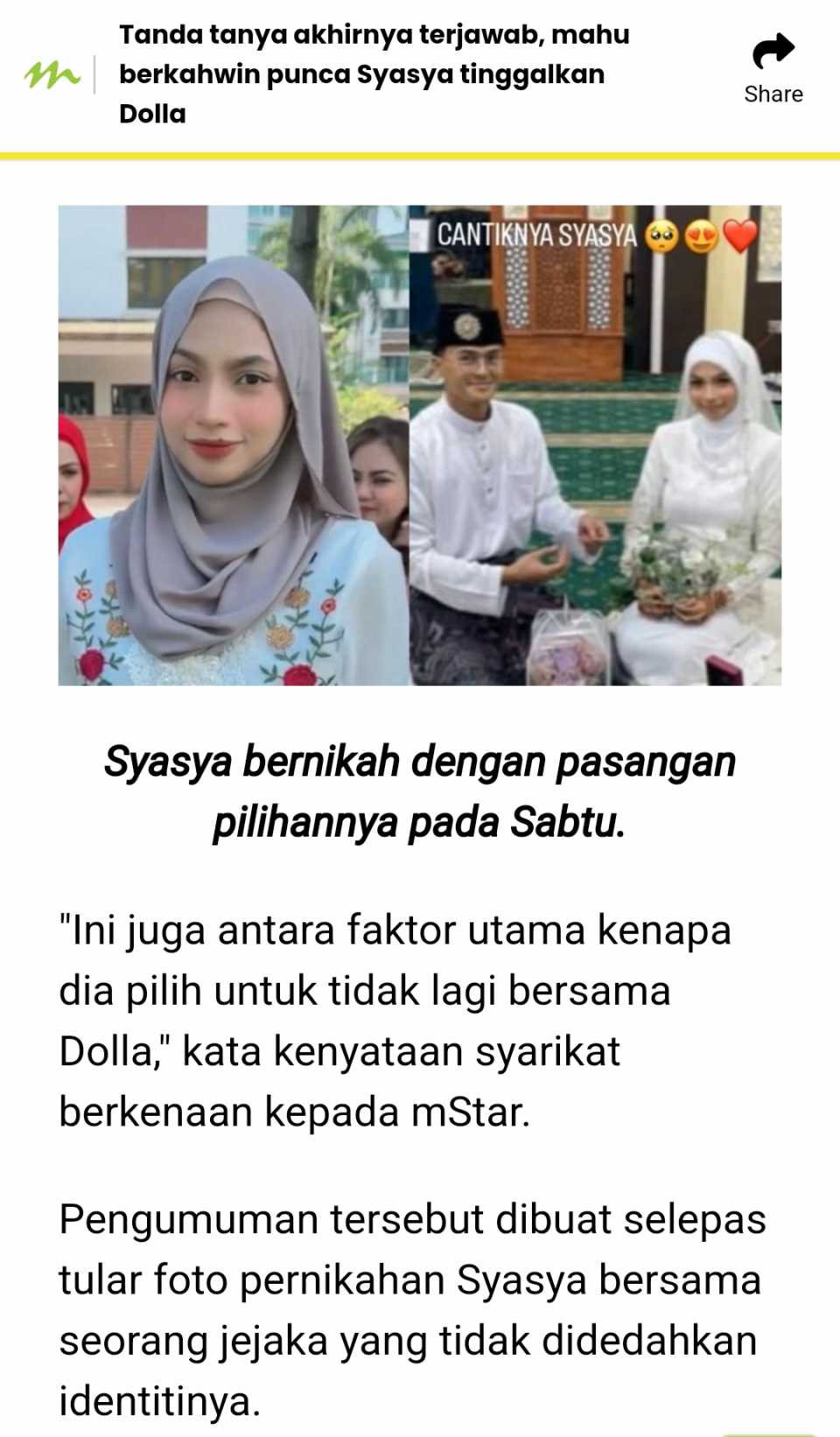 Tanda tanya akhirnya terjawab, mahu berkahwin punca Syasya tinggalkan Dolla