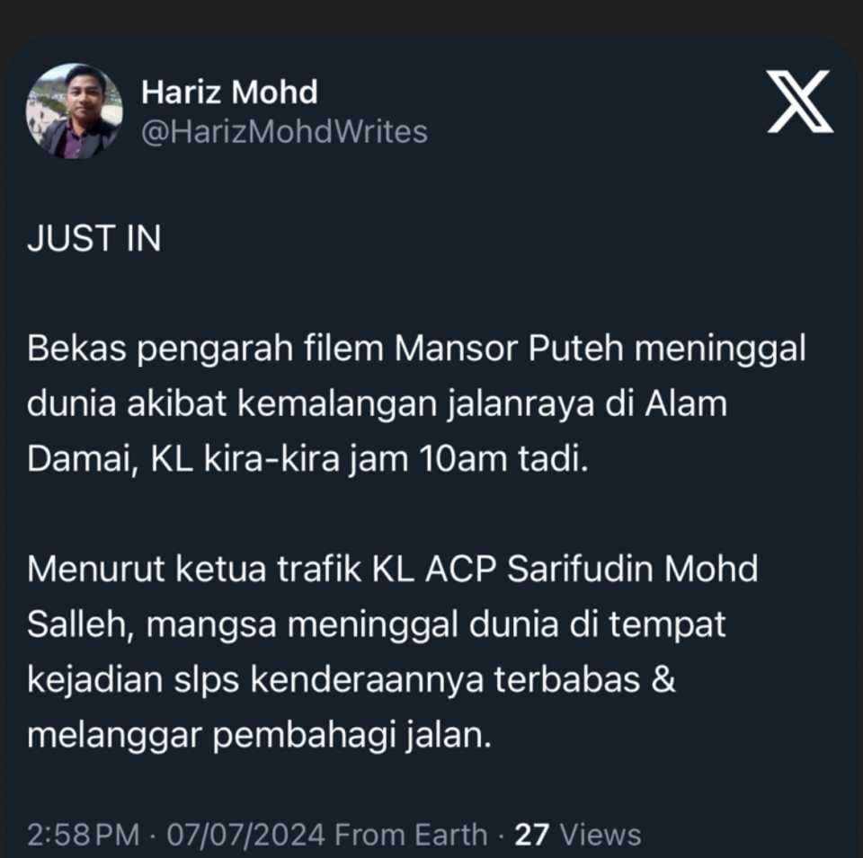 Mansor Puteh Meninggal Dunia dalam Kemalangan