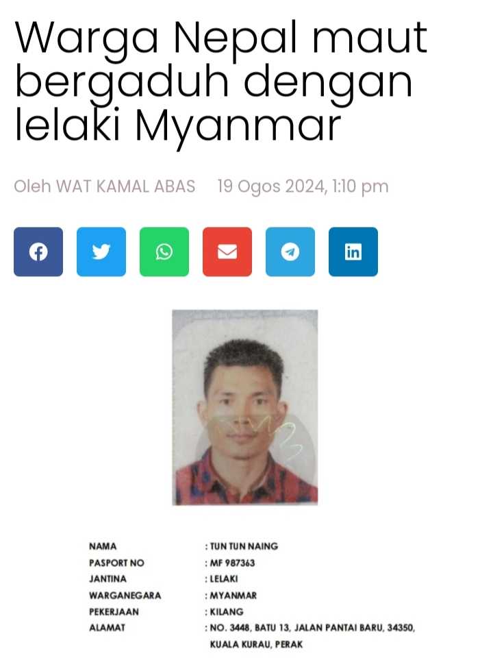 Warga Nepal maut bergaduh dengan lelaki Myanmar