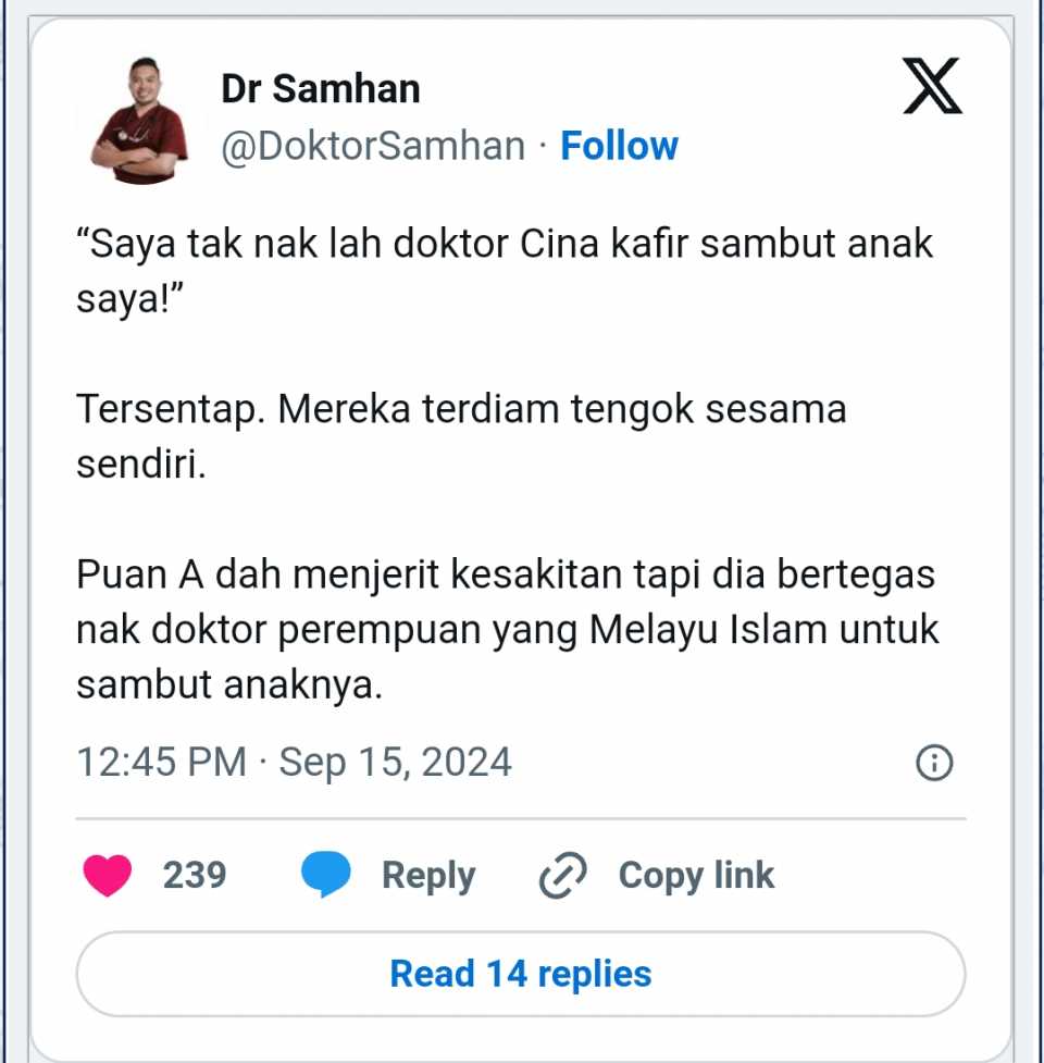 Dr Samhan kongsi wanita hampir bersalin bertegas nak doktor perempuan yang Melayu Islam untuk sambut anaknya.