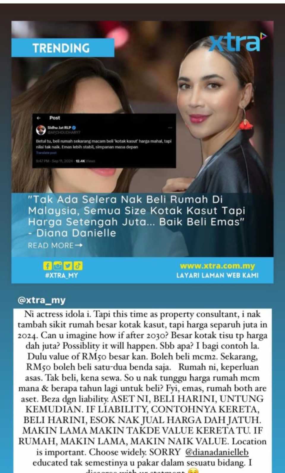 Perunding Hartanah Bidas Diana Danielle, Tak Setuju Kenyataan Rugi Beli Rumah Saiz ‘Kotak Kasut’.Netizen berbelah bagi