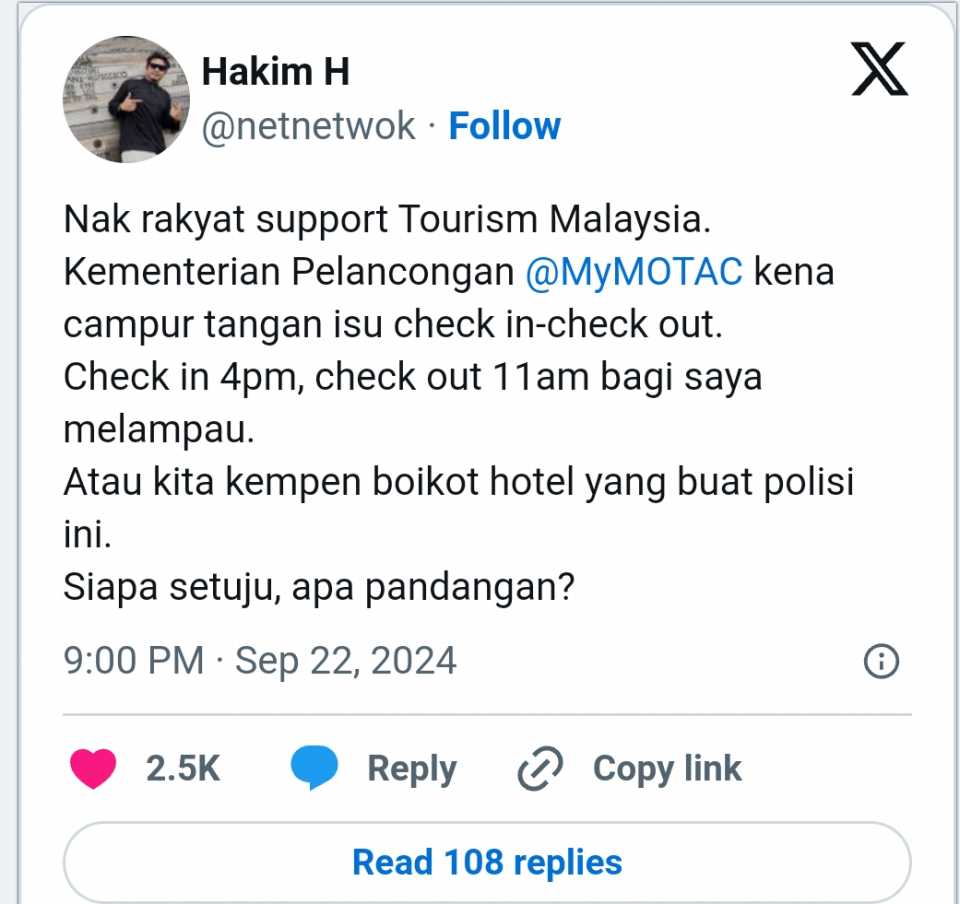 Lelaki bengang ada hotel check in pukul 4 petang dan check out pukul 11 pagi.Apakah yang berlaku?