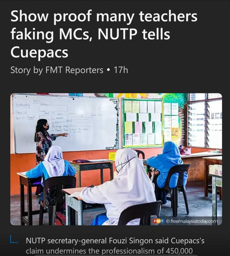 NUTP berang kenyataan Cuepacs  cikgu adalah penjawat awam terbesar ambil 'MC palsu'