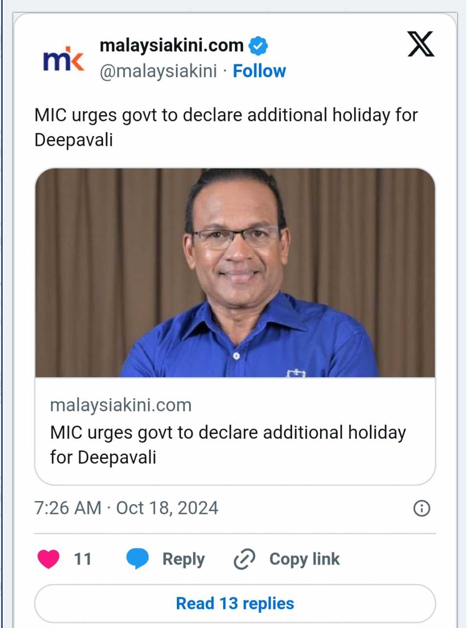 Edisi Jem Jem Jem..MIC minta cuti umum tambahan Deepavali 1 November.Anda nak?