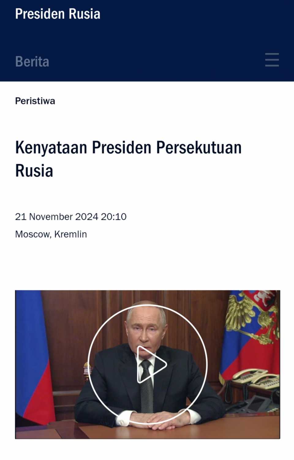 Kenyataan Rasmi Putin Berkenaan Serangan Peluru Berpandu Buatan US & UK Ke Atas Russia