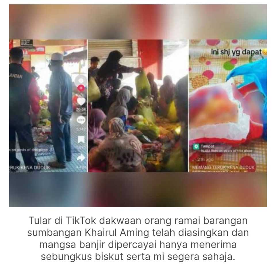 Tular dakwaan orang ramai barangan sumbangan Khairul Aming telah diasingkan dan mangsa banjir dipercayai hanya menerima sebungkus biskut serta mi segera sahaja.