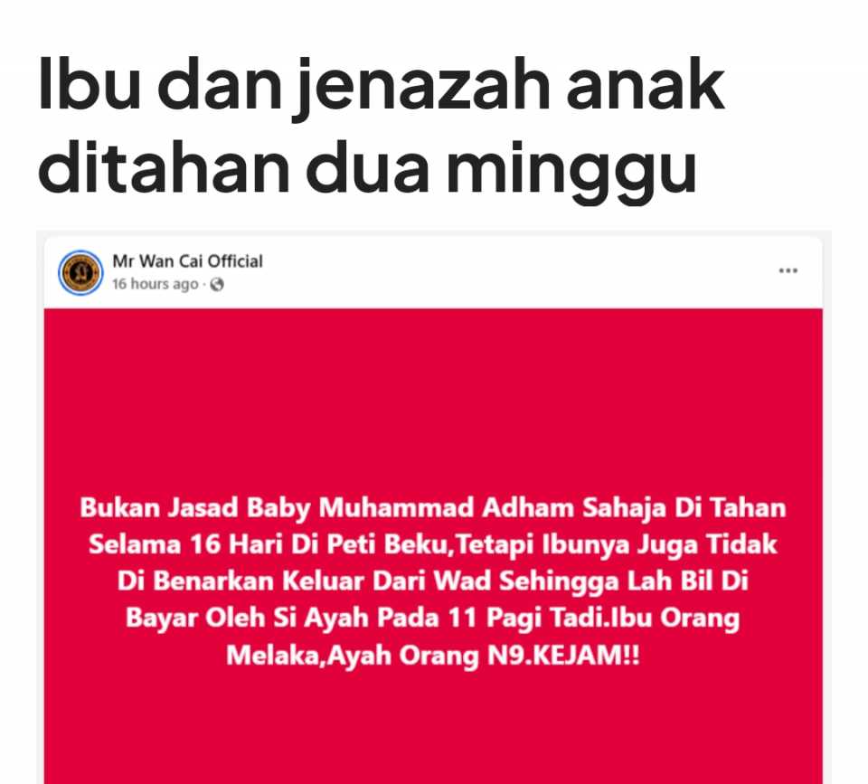 Jenazah bayi didakwa ditahan selama dua minggu dan diletakkan dalam peti sejuk kerana bapa tidak mampu membayar bil hospital swasta rm3600.Ibunya tak boleh discaj selagi bil tak dijelaskan