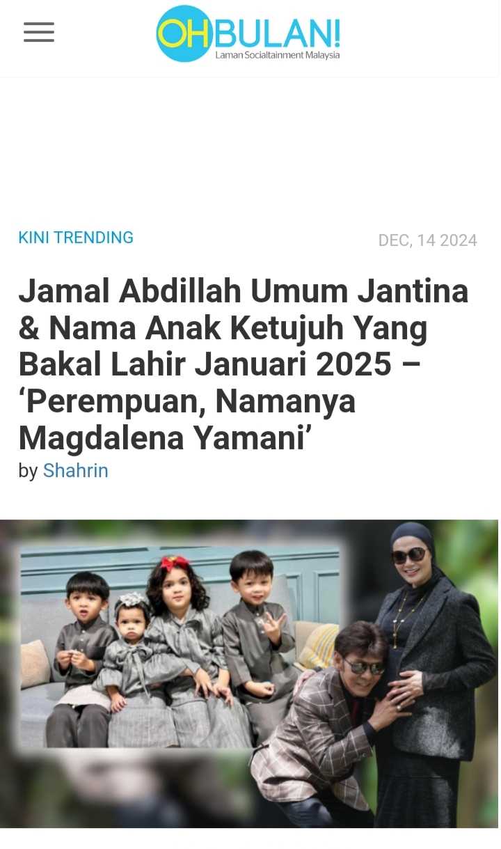 Magdalena Yamani nama anak ketujuh Jamal Abdillah,mahu 10 orang anak