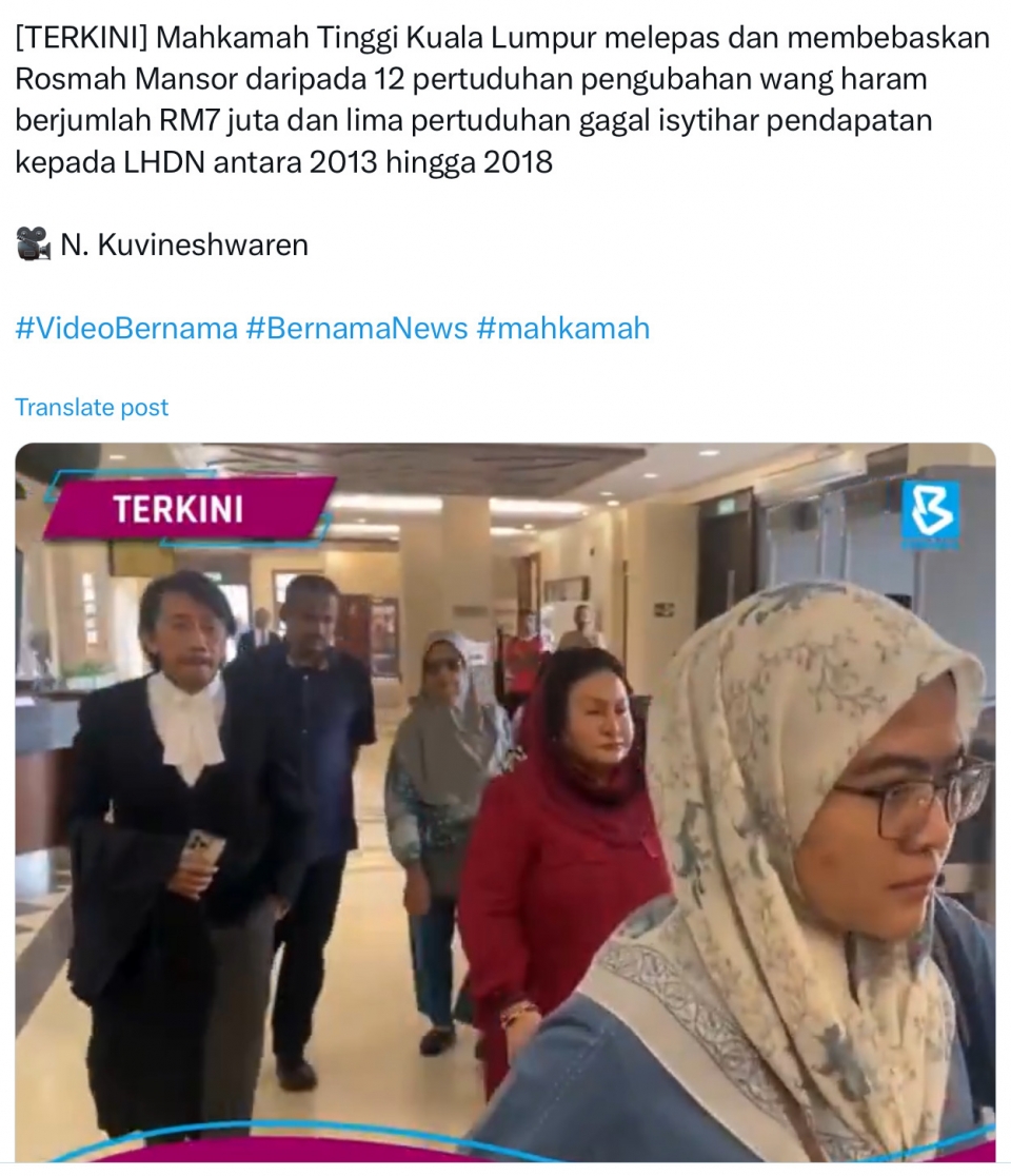 Rosmah terlepas ke semua tuduhan