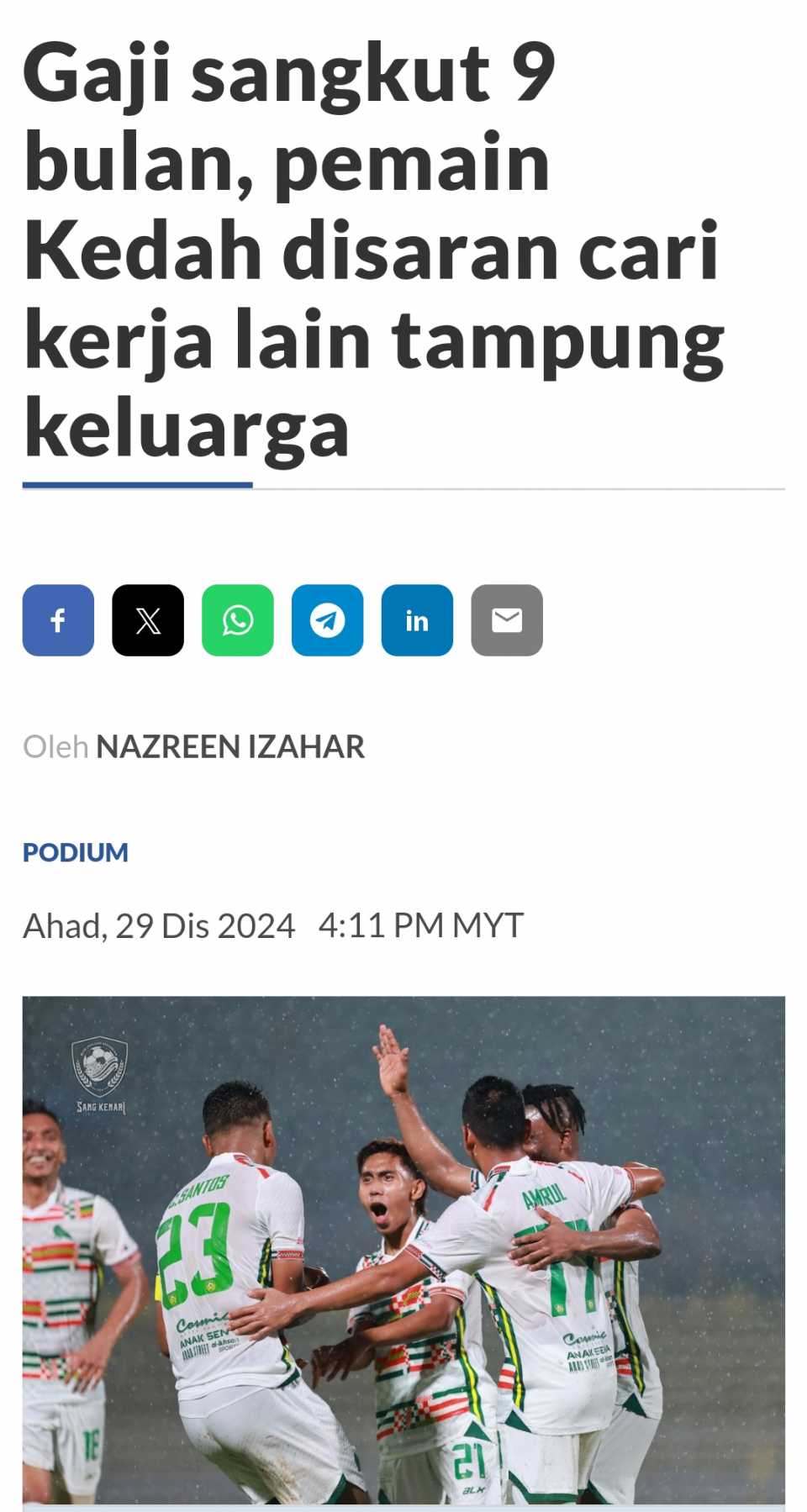 Mira Izhar menempelak pengurusan  bolasepak Kedah akibat tunggakan gaji sudah memasuki SEMBILAN bulan. Tak rasa berdosa ke aniaya orang?pemain ada anak bini (isteri) nak tanggung dan komitmen lain