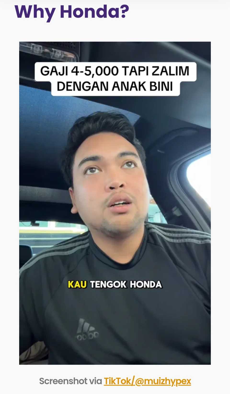 Ada H ada gaya :Muiz penjual Honda kata tak adil individu bergaji RM4K tak beli kereta Honda