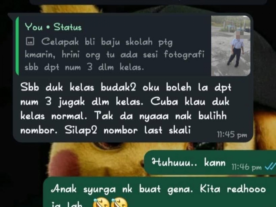 ‘Sebab duduk dalam kelas budak-budak OKU boleh la dapat no.3’