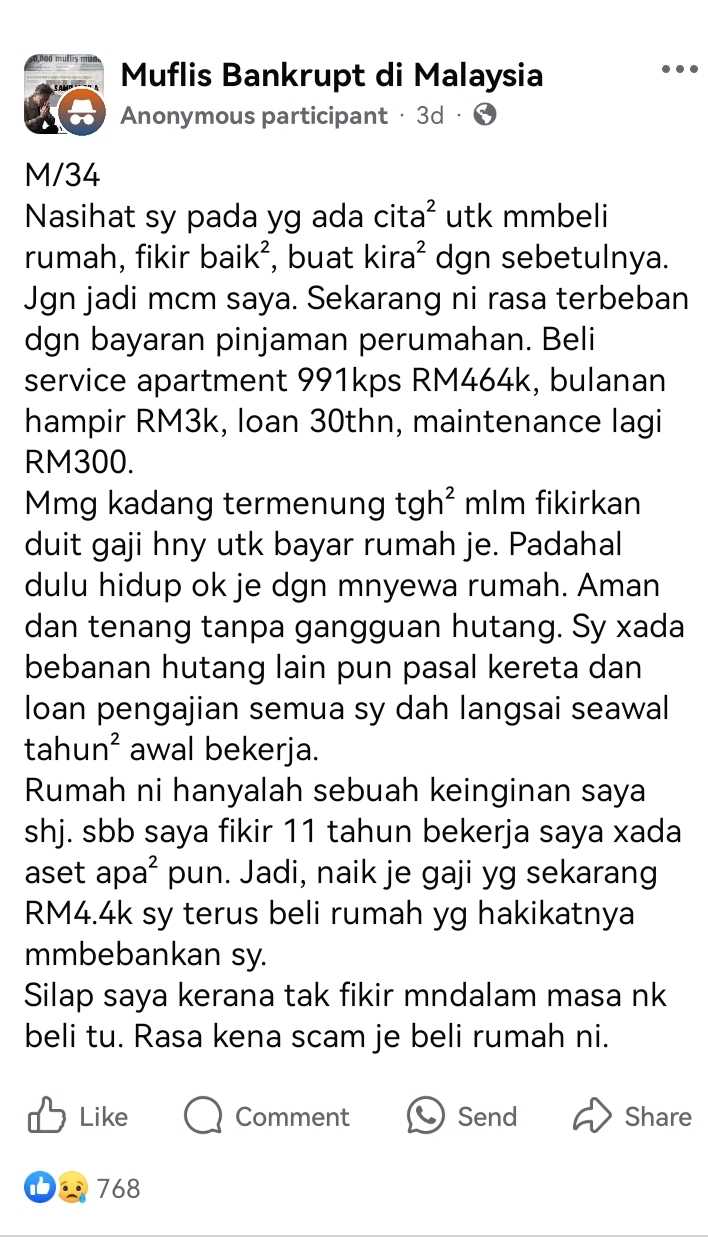 Perangkap Pinjaman Rumah:Bulanan mencecah RM3,000 dan caj servis Rm300,Individu Kesal Dan Sedih Beli Rumah Di Usia Muda Ekoran Duit Gaji Habis Buat Bayar Ansuran Bulanan