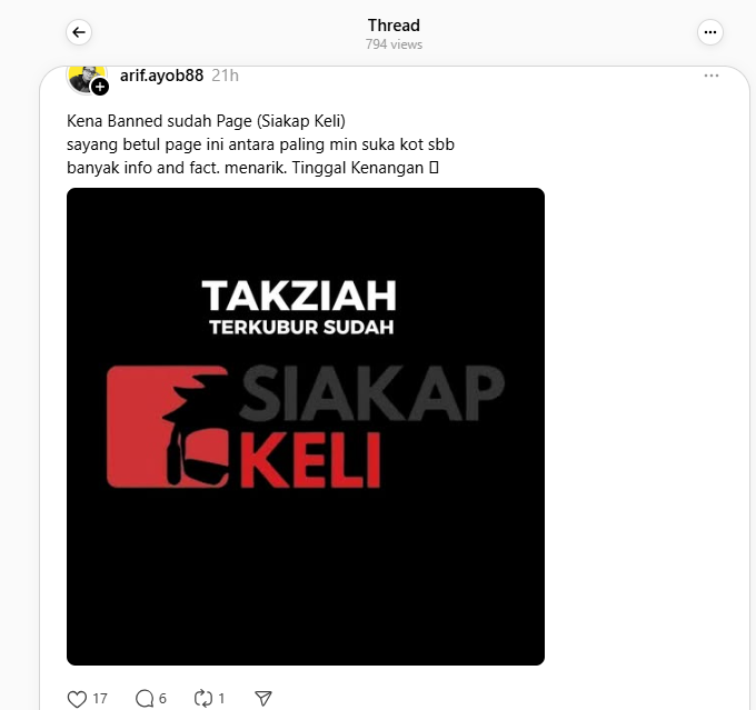 Halaman Facebook Siakap Keli yang ada 7 juta pengikut kini terkubur, kena "banned"?