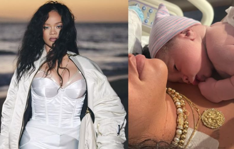 Rihanna pakai rantai mutiara dan berkaca mata hitam ketika beranak