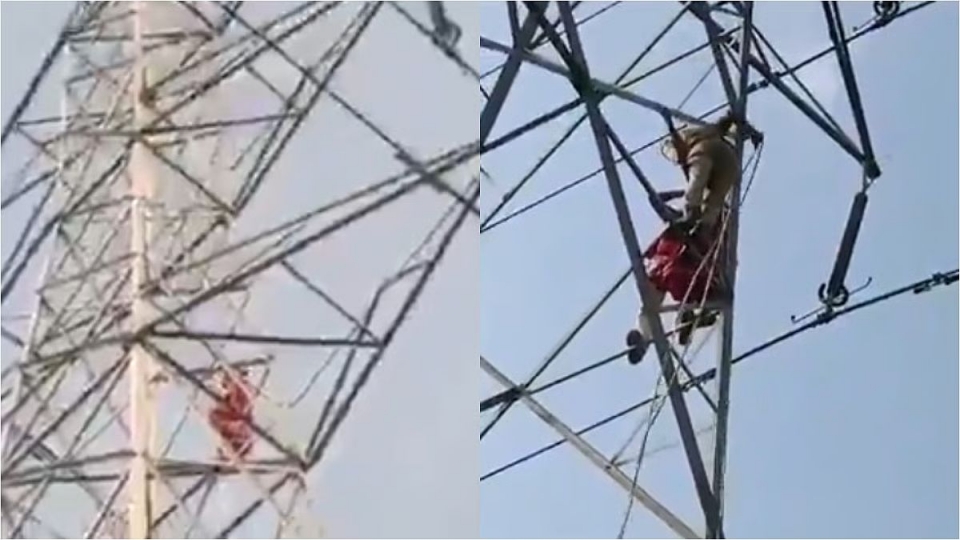 Isteri merajuk panjat pencawang elektrik