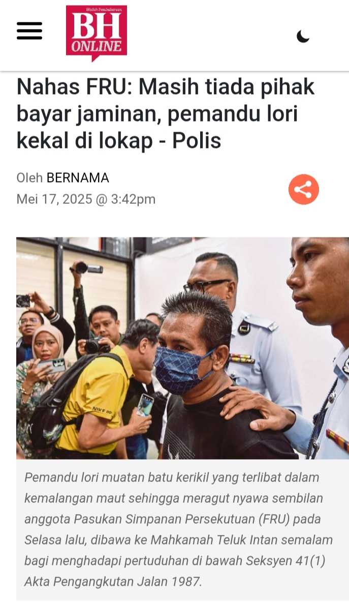 Nahas FRU: Masih tiada pihak bayar jaminan, pemandu lori kekal di lokap - polis