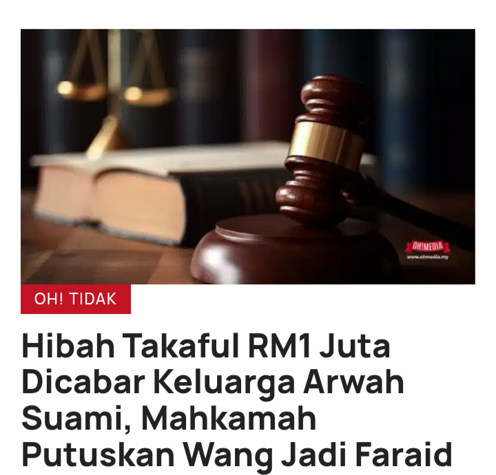 Bakal jadi precedent kes?Wang hibah 1 juta milik isteri perlu diagihkan mengikut faraid selepas abang dan ibu arwah suami buat permohonan di mahkamah sivil