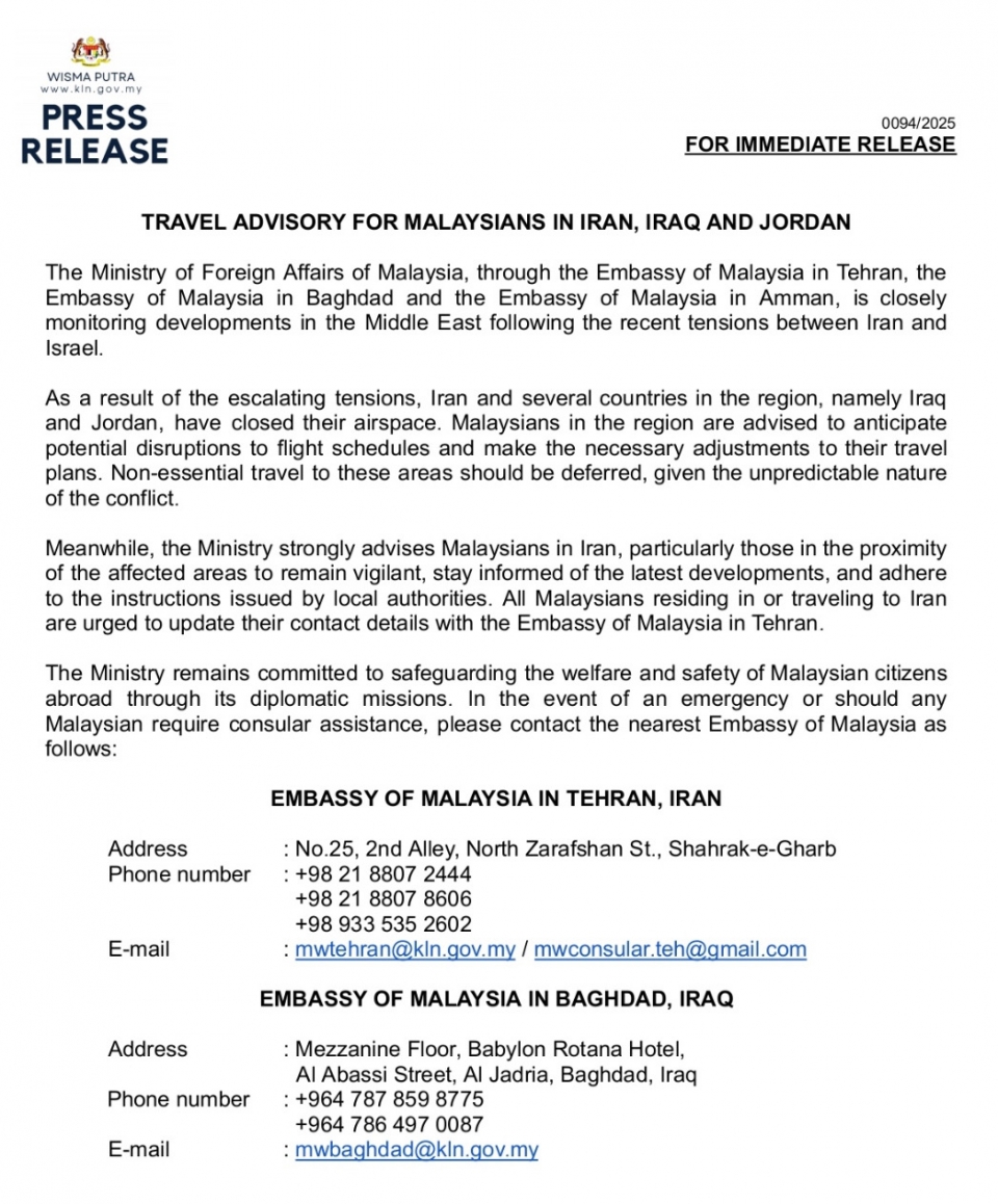 PRESS RELEASE: TRAVEL ADVISORY FOR MALAYSIANS IN IRAN, IRAQ AND JORDAN