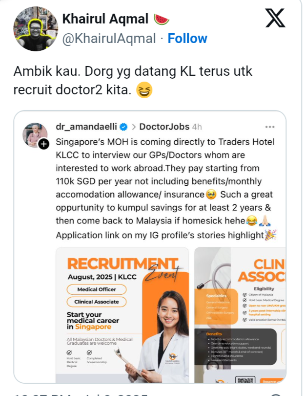 Membayar gaji bermula dari 110k SGD setahun,Kementrian Kesihatan (MOF) Singapura datang terus ke Kuala Lumpur  merekrut doktor, jururawat Malaysia yang berminat untuk bekerja di negara itu.