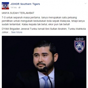 TMJ Sindir Kekalahan Skuad Harimau Malaya Kepada UAE!