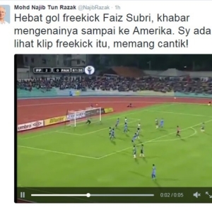 “Hebat Gol Freekick Faiz Subri" Puji Najib Di Twitter Miliknya