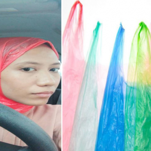 Basah Terperangkap Dalam Hujan, Tudung Kreatif Dari Plastik Wanita Ini Trending