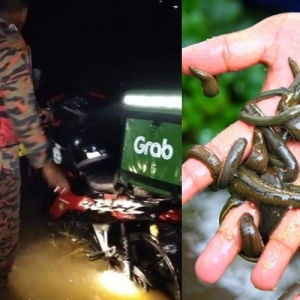 Rider Grab Food Terjatuh Dibawa Arus Deras Banjir,  Diselamatkan Tapi Badan Penuh Lintah