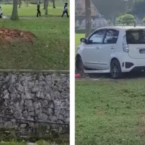 Pemandu Tersepit Myvi 'Terbang' Di Johor, Nasib Baik Tak Masuk Longkang!