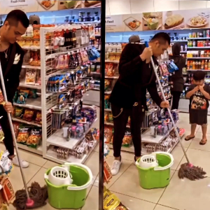 Bagusnya Fazley Mop Lantai, Cuci Muntah Anak Di Kedai Serbaneka