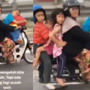 Tak Pakai Topi Keledar, Risau Tengok Ibu Bawa 4 Anak Naik Motor Serentak