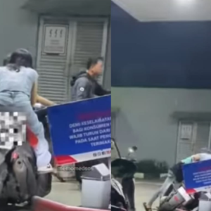 Wanita Berkeras Tak Nak Turun Motosikal Ketika Teman Lelaki Isi Minyak