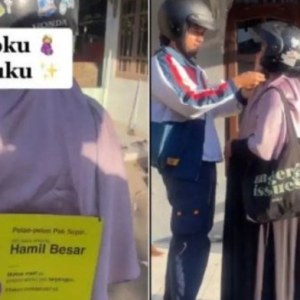 Suami Pakaikan Isteri Papan Tanda Kadbod Semasa Tunggang Motor "Pandu Perlahan, Isteri Saya Sedang Sarat Mengandung"