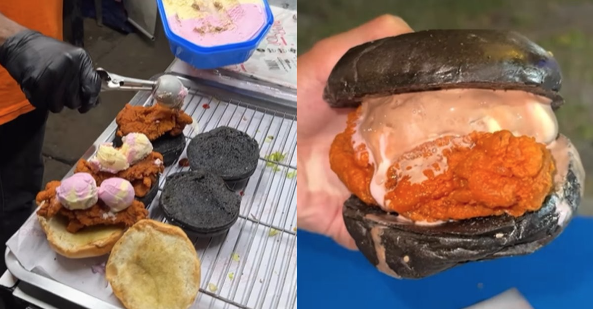 Makin Lama Makin Pelik Gabungan Makanan, Peniaga Ini Jual Burger Ayam Bersama Aiskrim! Kena Kritik Dengan Netizen