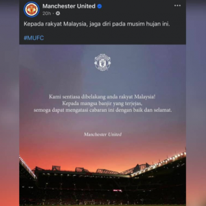 Kelab bola sepak dari England, Manchester United ucap selamat kepada mangsa banjir di Malaysia