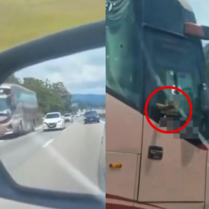 Lepas potong dari laluan kecemasan, bas ekspres dipandu laju himpit kereta di lorong kanan… Pemandu siap tunjuk isyarat lucah