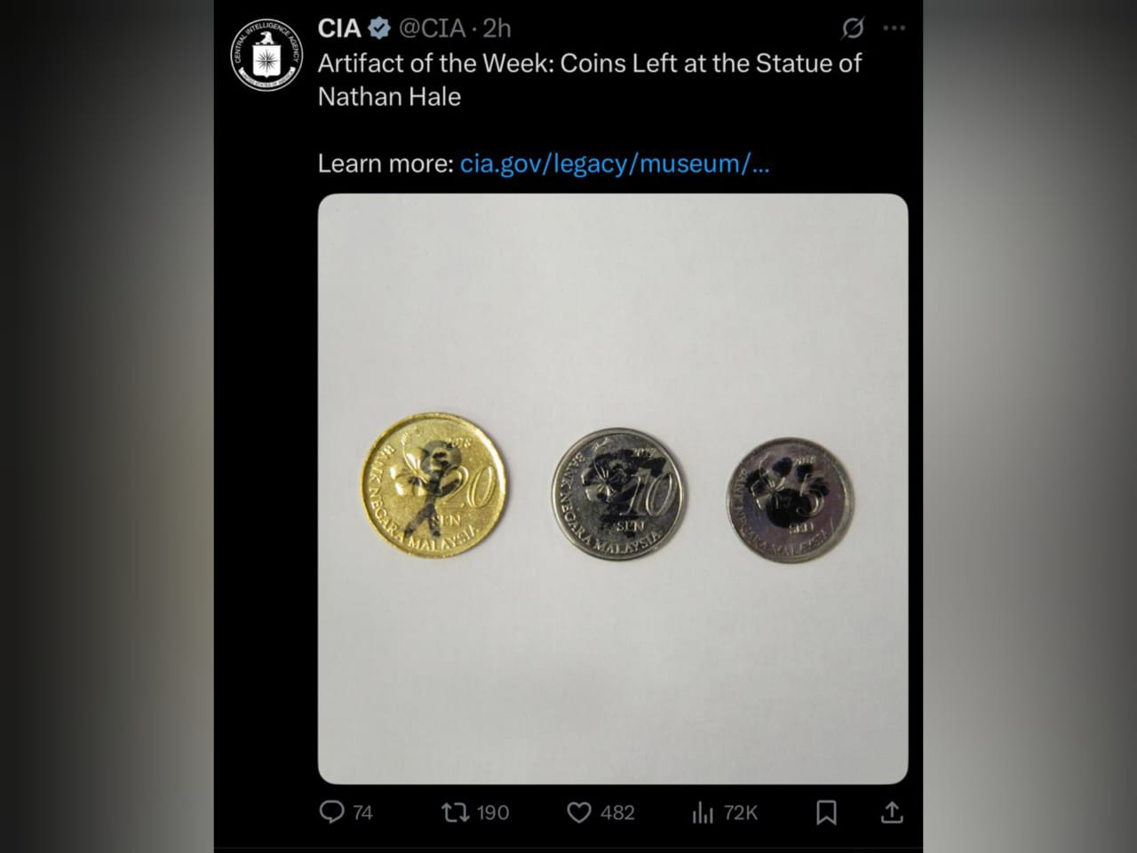 Apa motif CIA kongsi gambar 3 keping syiling Malaysia di akaun X?